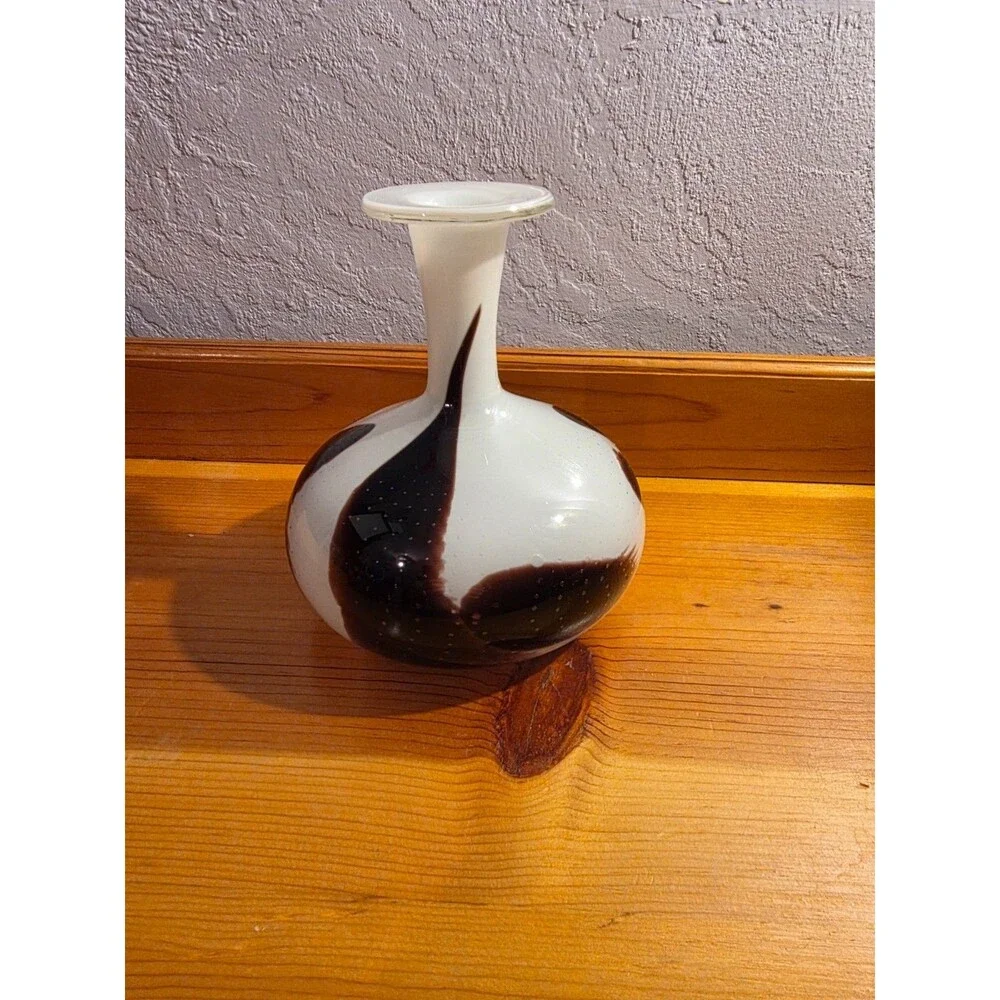 Vintage Hand Blown Art Glass Vase Brown White Controlled Bubble Studio Glass 7